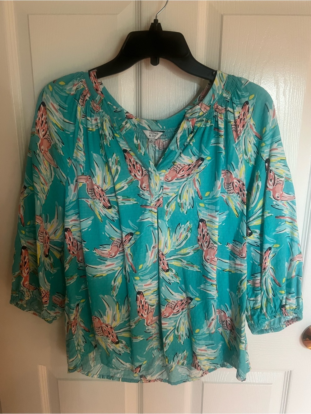 crown & ivy Teal Floral and Bird Print Blouse